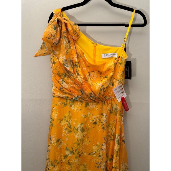 Mac Duggal One Shoulder Bow Maxi Dress Yellow Floral Tiered Ruffled Size 4 NWT - Picture 6 of 9